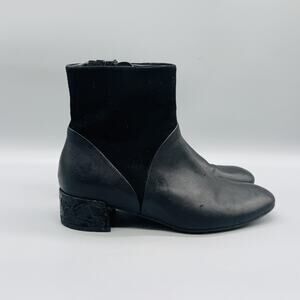 Think Boots Womens 7 Black Leather Suede Ankle Block Heel Side Zip Comfort